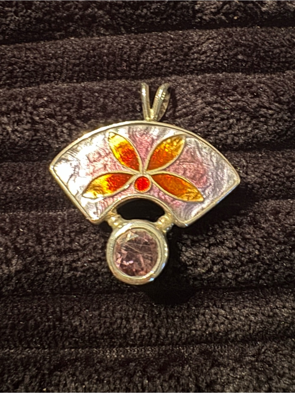 Silver-Tone Amethyst, Purple, Pink & Orange Enamel Flower Fan Pendant
